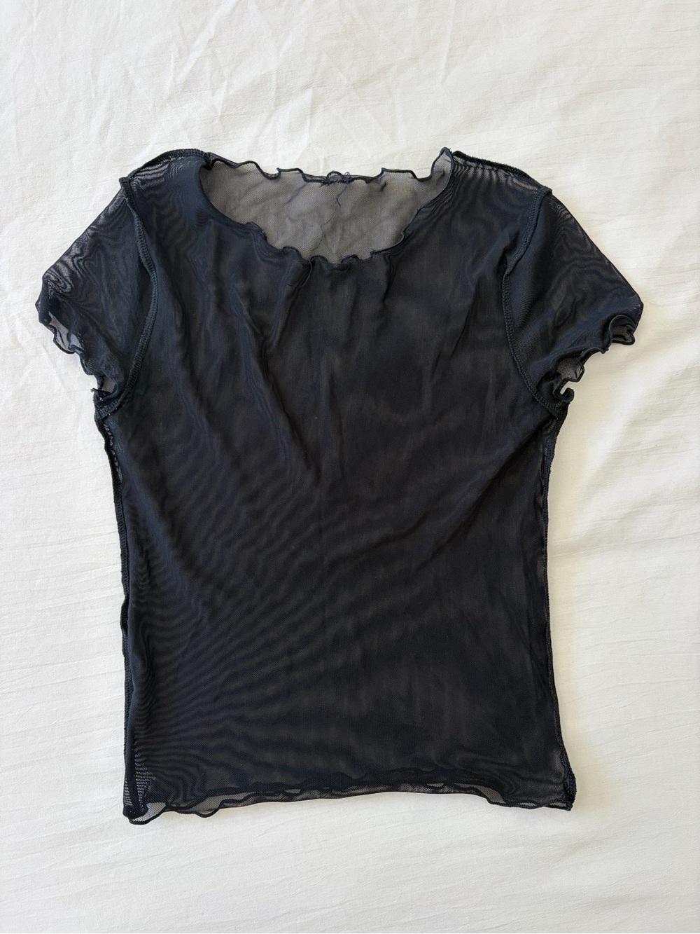 Source Unknown Black Sheer Ruffle-Edge Mesh Crop Top